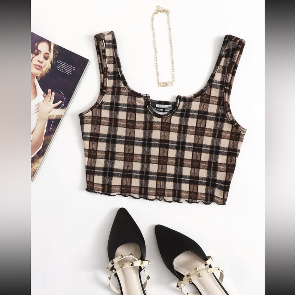 SHEIN Notch Neck Lettuce Trim Plaid Brown/Tan Crop Tank Top Plus Size 1XL